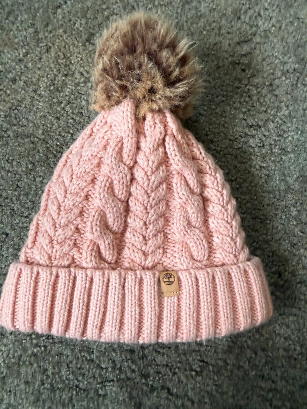 Timberland Cable Knit Faux Fur Fleece Lined Pom Pom Beanie Hat Pink OS